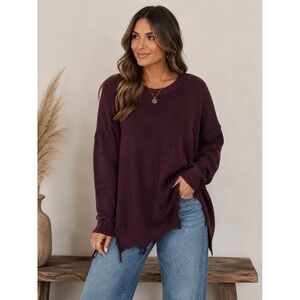 Swagger Womens Oversized Knit Sweater Burgundy Distressed Hem T2968 S/M